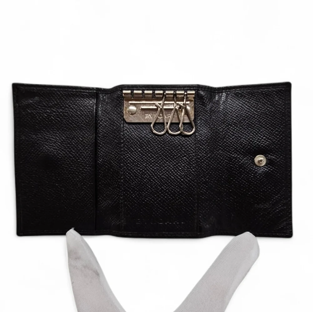 BVLGARI Leather Keyholder Wallet In Black Leather And Silver